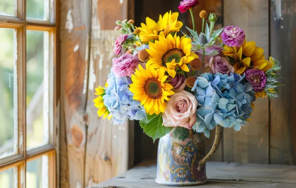 Sunflowers, flowers, roses, bouquet, window, pitcher, hydrangea, AI art