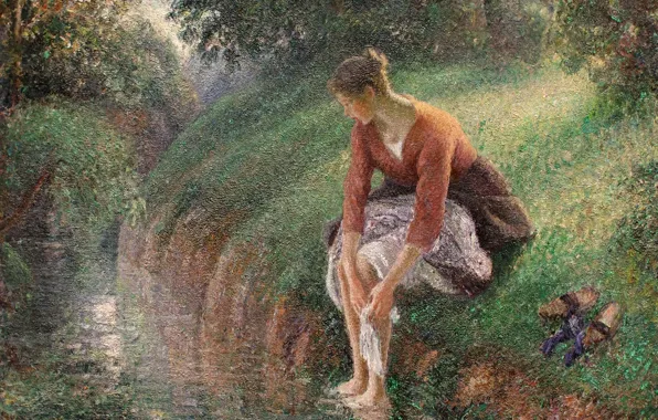 Picture nature, stream, picture, genre, Camille Pissarro, Young Woman Washing Feet