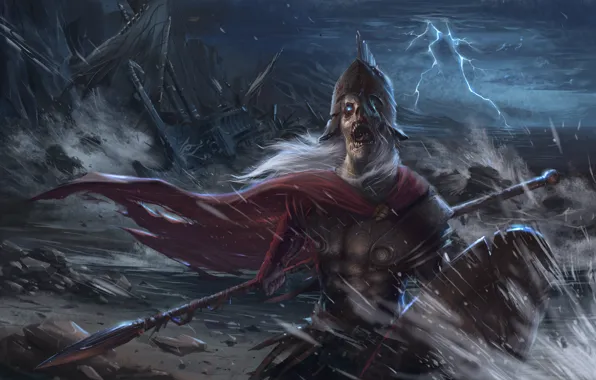 Sea, the storm, shore, lightning, ship, zombies, spear, shield