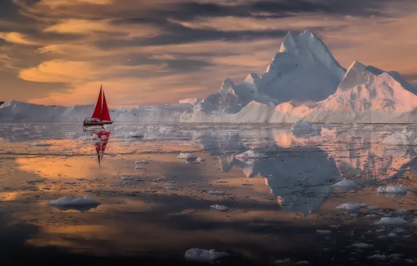Picture sea, glacier, sail, North