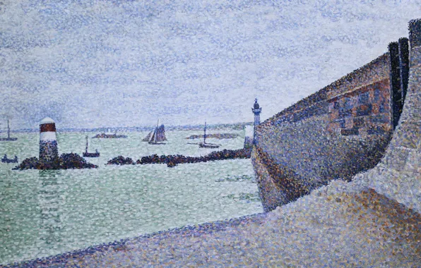 Landscape, lighthouse, picture, Paul Signac, pointillism, Portree. Pierce. Cloudy Weather