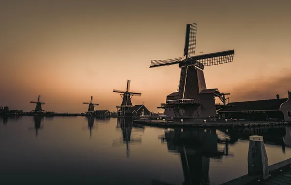 The sky, lake, reflection, shore, the evening, twilight, pond, windmills