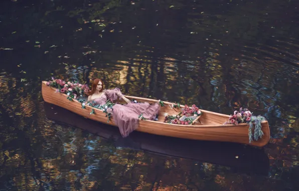 Look, leaves, girl, flowers, nature, face, pose, lake