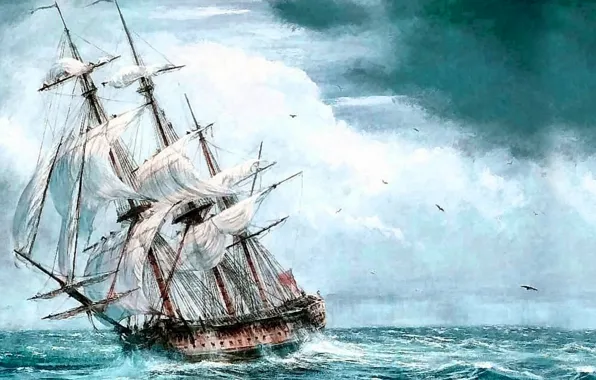 Picture sea, ship, sailboat, picture, painting, painting