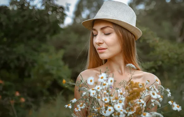 Picture girl, flowers, face, portrait, chamomile, hat, Albert Forest