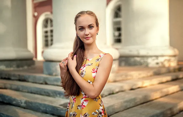 Picture look, pose, model, the building, portrait, hands, makeup, dress