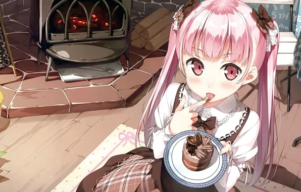Table, chair, girl, wood, fireplace, yummy, bow, menu