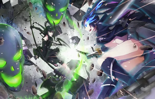 Weapons, girls, katana, anime, art, skull, braid, battle
