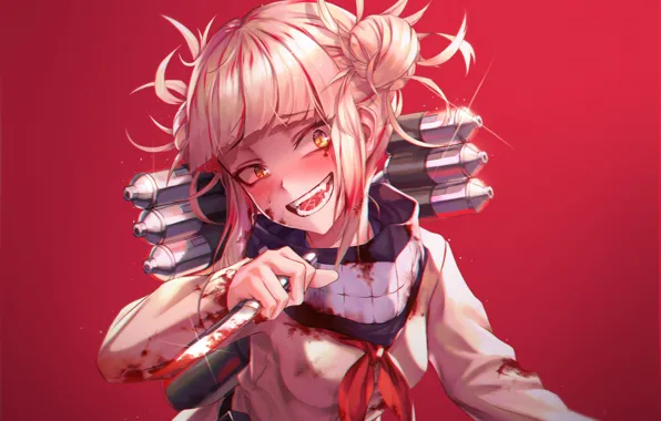 Picture look, girl, smile, red background, crazy, Boku no Hero Academy, My heroic academia, Toga Himiko