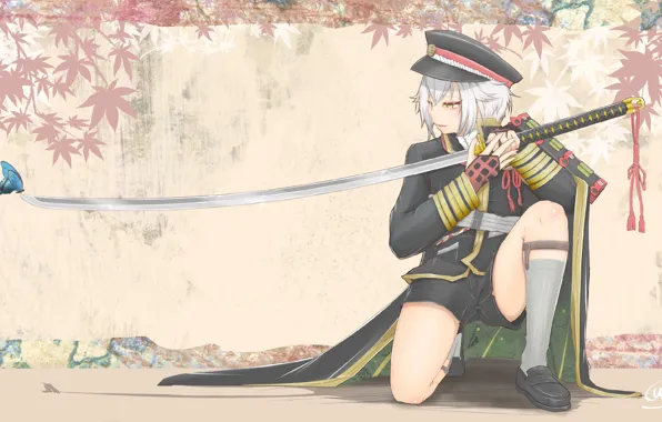 Picture butterfly, shorts, katana, boy, cap, white hair, military uniform, maple leaves