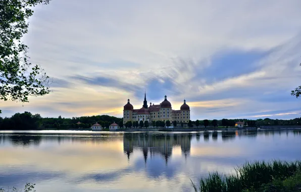 The sky, trees, lake, castle, the evening, Germany, Moritzburg