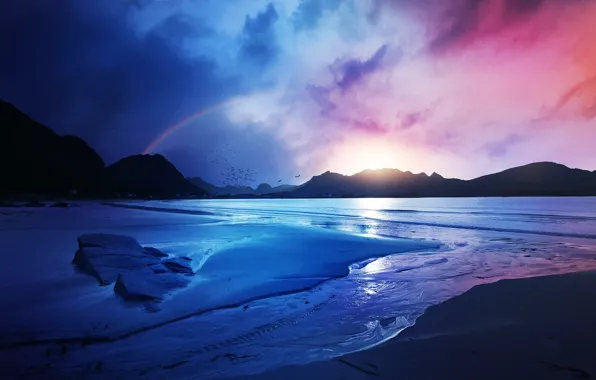 Winter, sea, the sky, the sun, clouds, light, snow, landscape