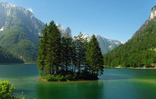 Picture water, trees, mountains, nature, lake, island