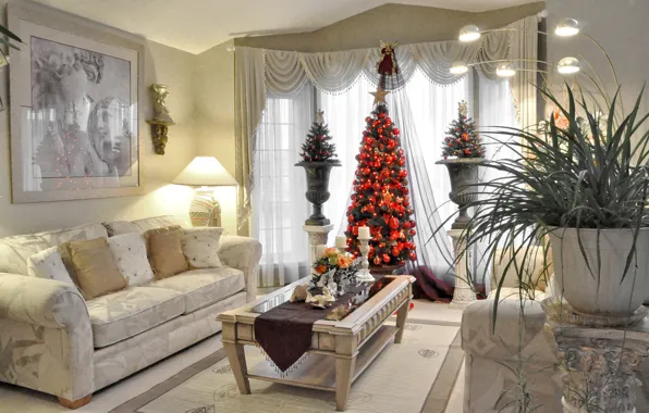 Sofa, holiday, lamp, tree, picture, New Year, Christmas, vase