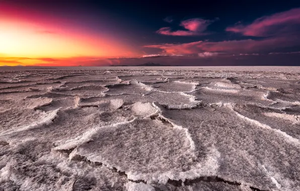 Sunset, lake, salt, Salar de uyuni, Bolivia