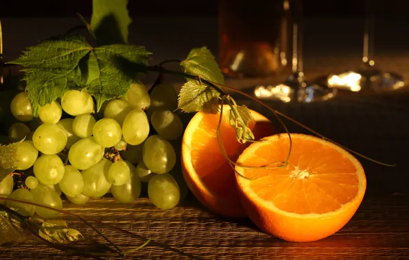 Leaves, table, orange, grapes, twilight, bokeh