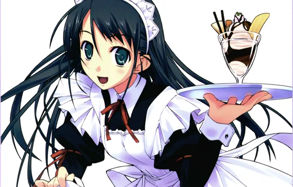 White background, ice cream, long hair, the maid, art, tray, visual novel, murakami suigun