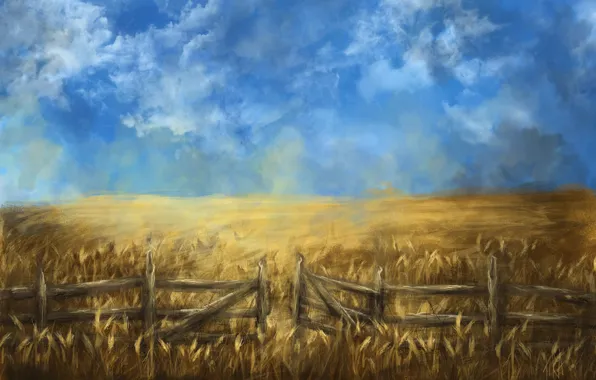 Wheat, field, summer, clouds, the fence, art, ears