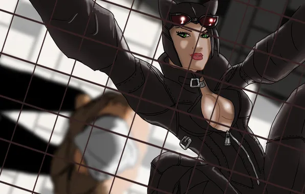 Picture cat, eyes, look, grille, green, costume, Catwoman, selina
