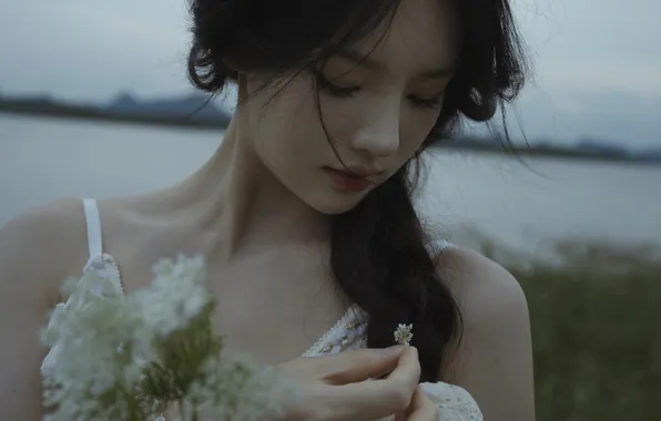 Beautiful, Asian, Model, Water, Cloudy, Woman, Evening, River