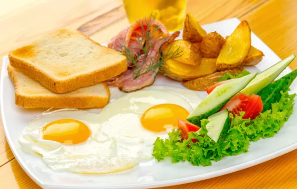 Bread, scrambled eggs, vegetables, tomatoes, bacon, salad, toast, egg