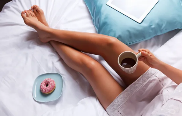 Picture legs, bed, coffee, breakfast