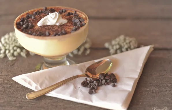 Chocolate, spoon, cream, dessert, sweet, tiramisu, ramekin