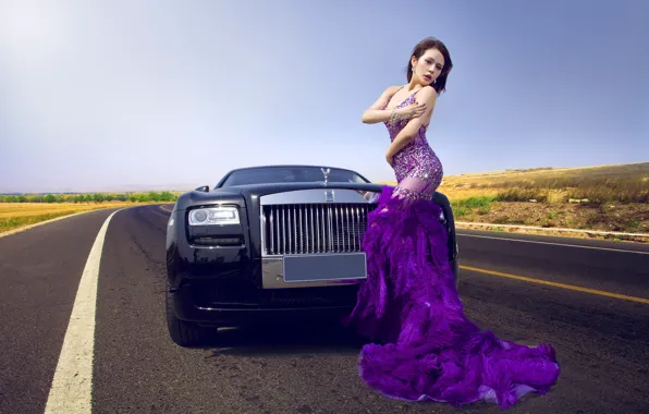 Auto, look, Girls, Asian, beautiful girl, Rolls-royce, posing on the car