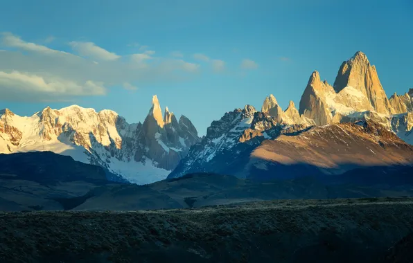 The sky, light, snow, mountains, blue, rocks, the slopes, tops