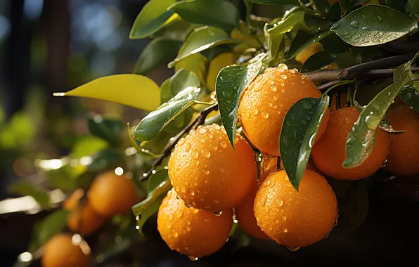 Summer, leaves, water, drops, branches, rain, oranges, garden