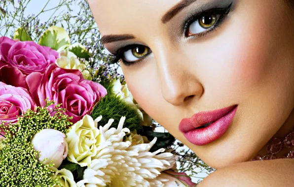 Picture look, flowers, close-up, face, model, bouquet, makeup, beauty