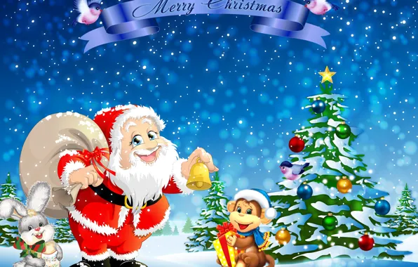 Tree, hare, monkey, Christmas, New year, Santa Claus, Christmas, snow