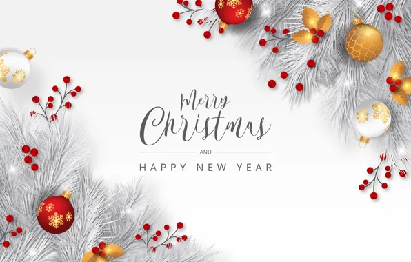 Picture balls, the inscription, new year, Christmas, white background, needles, Christmas decorations