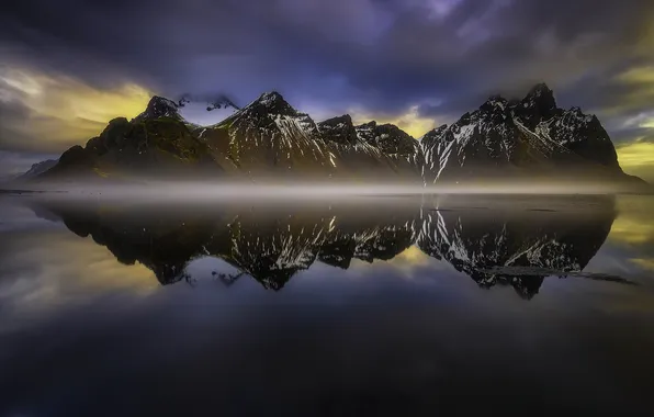 Landscape, mountains, fog, lake, reflection