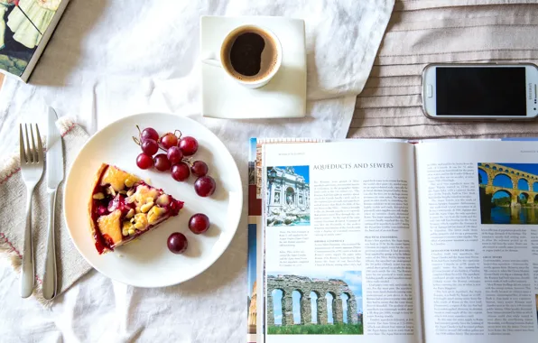 Picture coffee, pie, grapes, knife, book, phone, plug