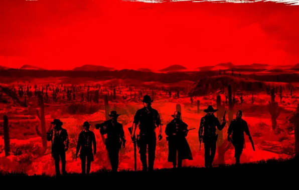 Weapons, background, people, cacti, cowboys, hats, ps4, red dead redemption 2