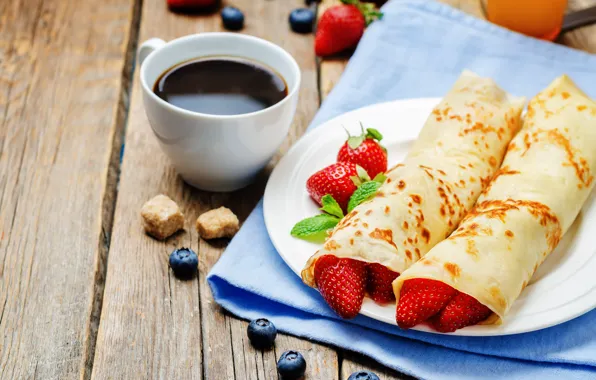 Picture berries, coffee, Breakfast, blueberries, strawberry, pancakes, pancakes