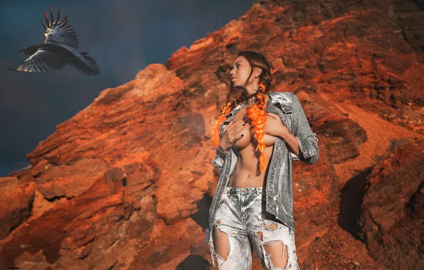 Chest, girl, bird, jeans, hands, canyon, braids, Anton Kharisov