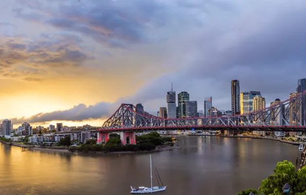 Bridge, river, dawn, home, yacht, Australia, Chinatown, Queensland