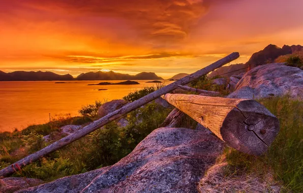 Picture sunset, wood, mountains, clouds, lake, hills, stones, reflection