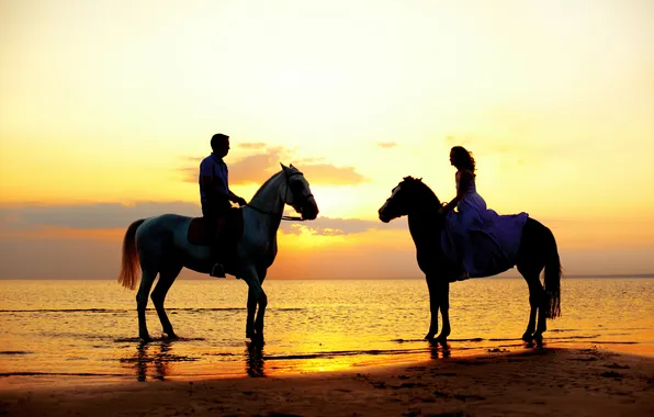 Picture sea, girl, sunset, coast, horse, guy
