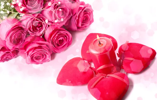 Flowers, roses, candle, bouquet, heart, red, pink
