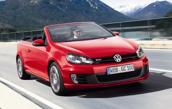 Picture mountains, red, Volkswagen, convertible, the front, Golf, GTI, Volkswagen
