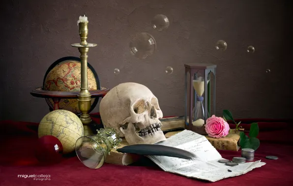 Bubbles, pen, glass, rose, skull, coins, globe, hourglass