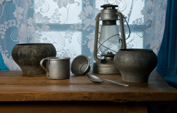 Village, window, spoon, mug, lantern, dishes, banks, pot