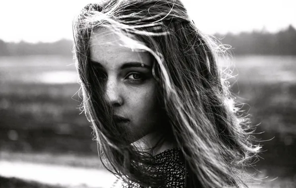 Girl, hair, portrait, freckles, BW