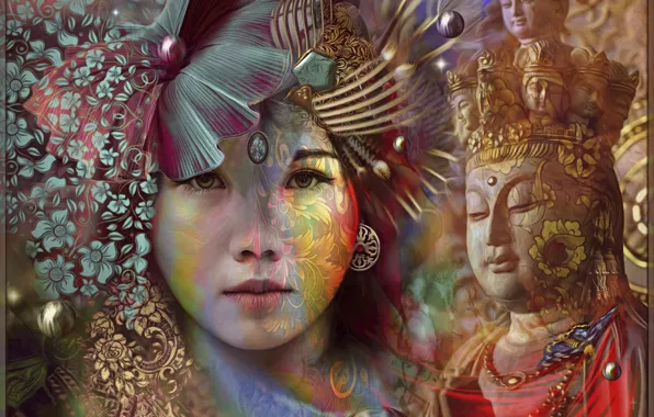 Girl, flowers, collage, art, China, statue