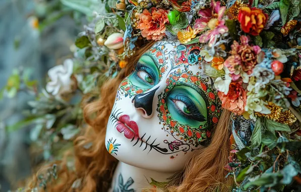 Girl, flowers, makeup, fantasy, wreath, redhead, painting, body painting