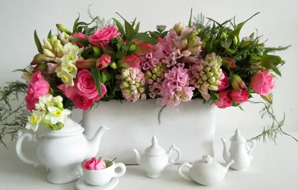 Flowers, photo, roses, Cup, daffodils, hyacinths