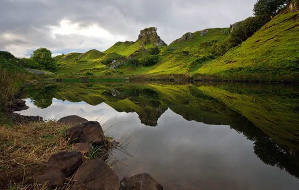 Clouds, lake, reflection, hills